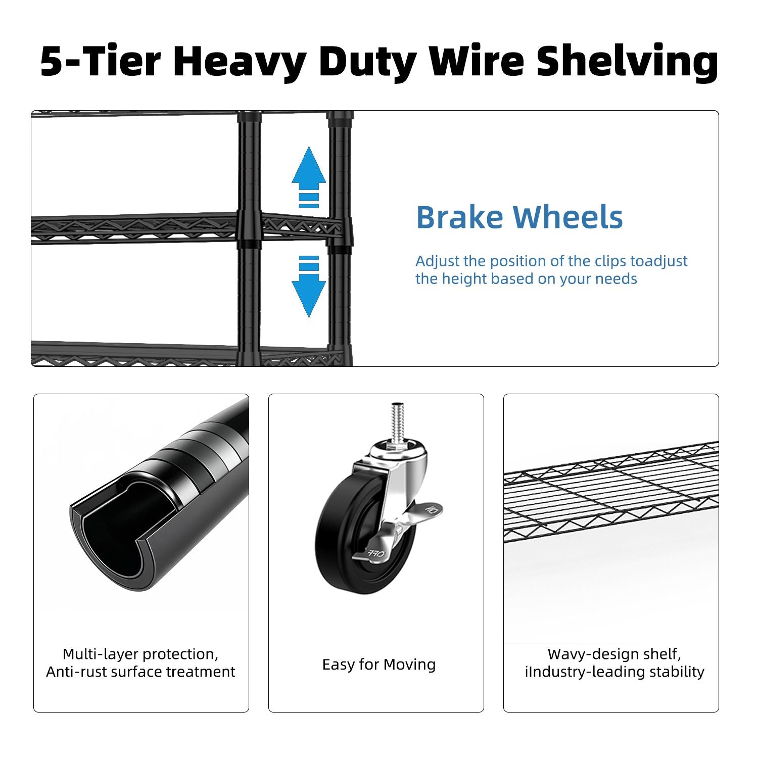 Steel Storage Shelving 5-Tier Utility Shelving Unit Steel Organizer Wire Rack with Wheels for Home,Kitchen,Office,Garage, 1750 LBS Capacity 17.7" D x 47.2" W x 75.6" H