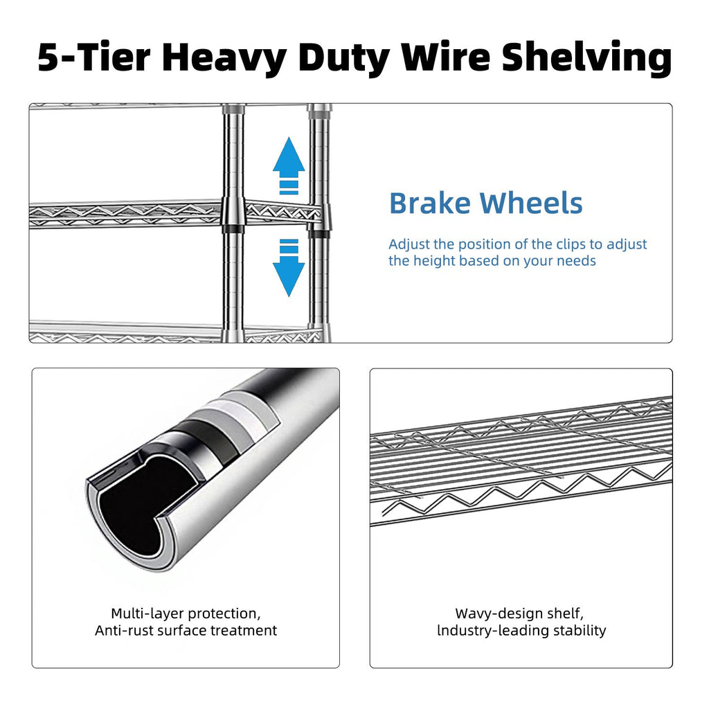 1250 lbs Storage Shelving Utility Shelving Unit 5-Tier Utility Shelving Unit Steel Organizer Wire Rack for Home,Kitchen,Office (13.7" D x 23.6" W x 62.4" H)