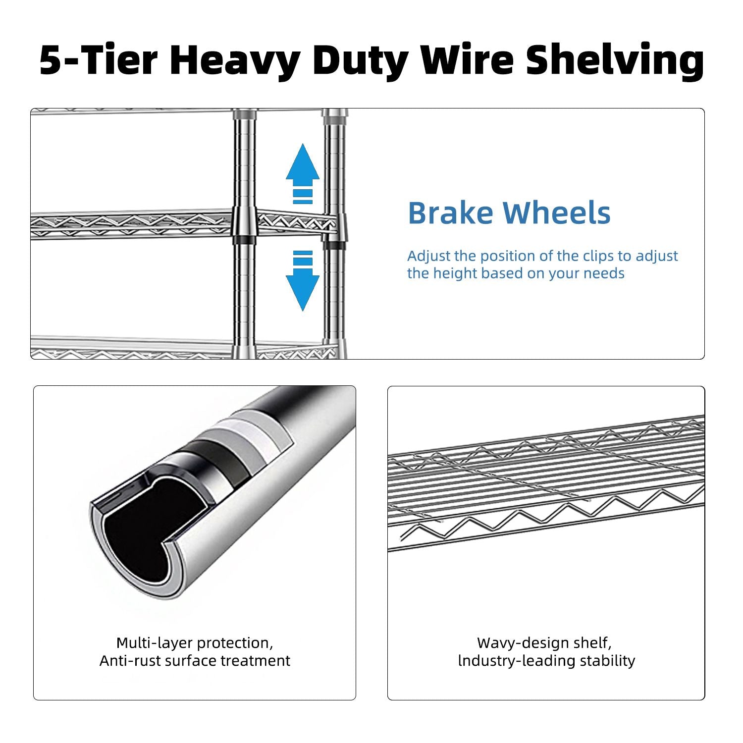 1250 lbs Storage Shelving Utility Shelving Unit 5-Tier Utility Shelving Unit Steel Organizer Wire Rack for Home,Kitchen,Office (13.7" D x 23.6" W x 62.4" H)
