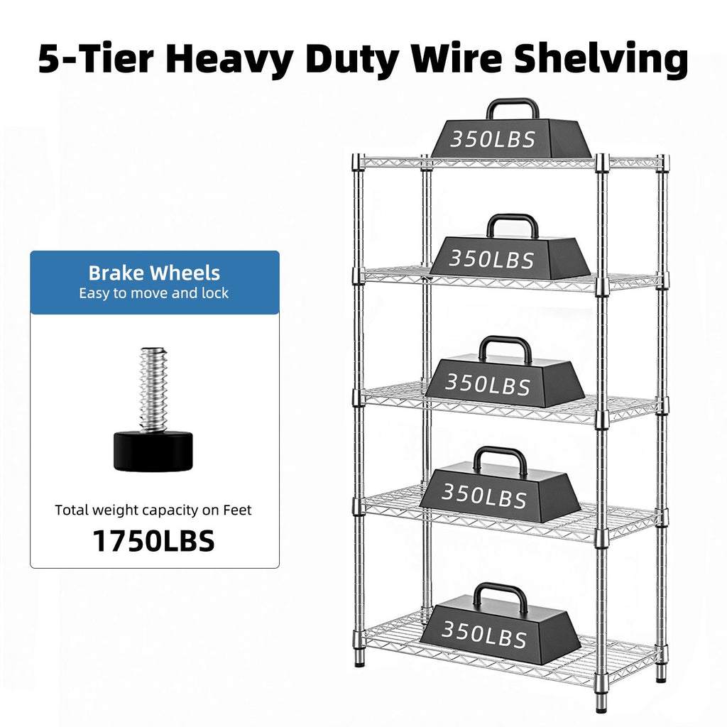 1250 lbs Storage Shelving Utility Shelving Unit 5-Tier Utility Shelving Unit Steel Organizer Wire Rack for Home,Kitchen,Office (13.7" D x 23.6" W x 62.4" H)