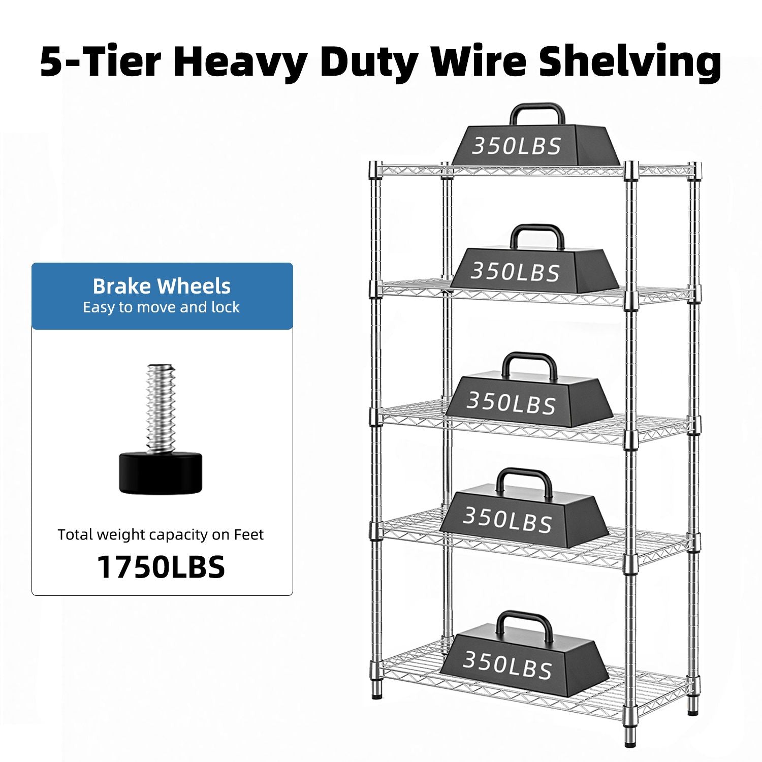 1250 lbs Storage Shelving Utility Shelving Unit 5-Tier Utility Shelving Unit Steel Organizer Wire Rack for Home,Kitchen,Office (13.7" D x 23.6" W x 62.4" H)