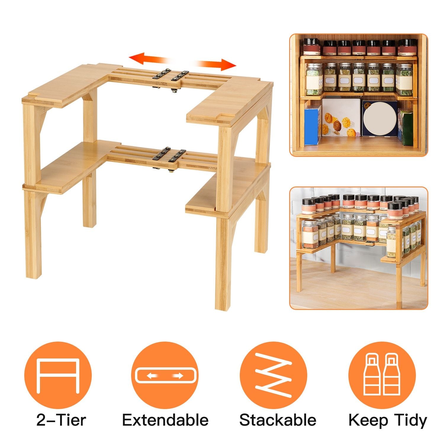 2-Tier Kitchen Spice Rack Expandable Bamboo Spice Organizer Cabinet Stackable Seasoning Organizer Extendable Spice Jar Rack for Countertops Pantries Cabinets GPCT4555