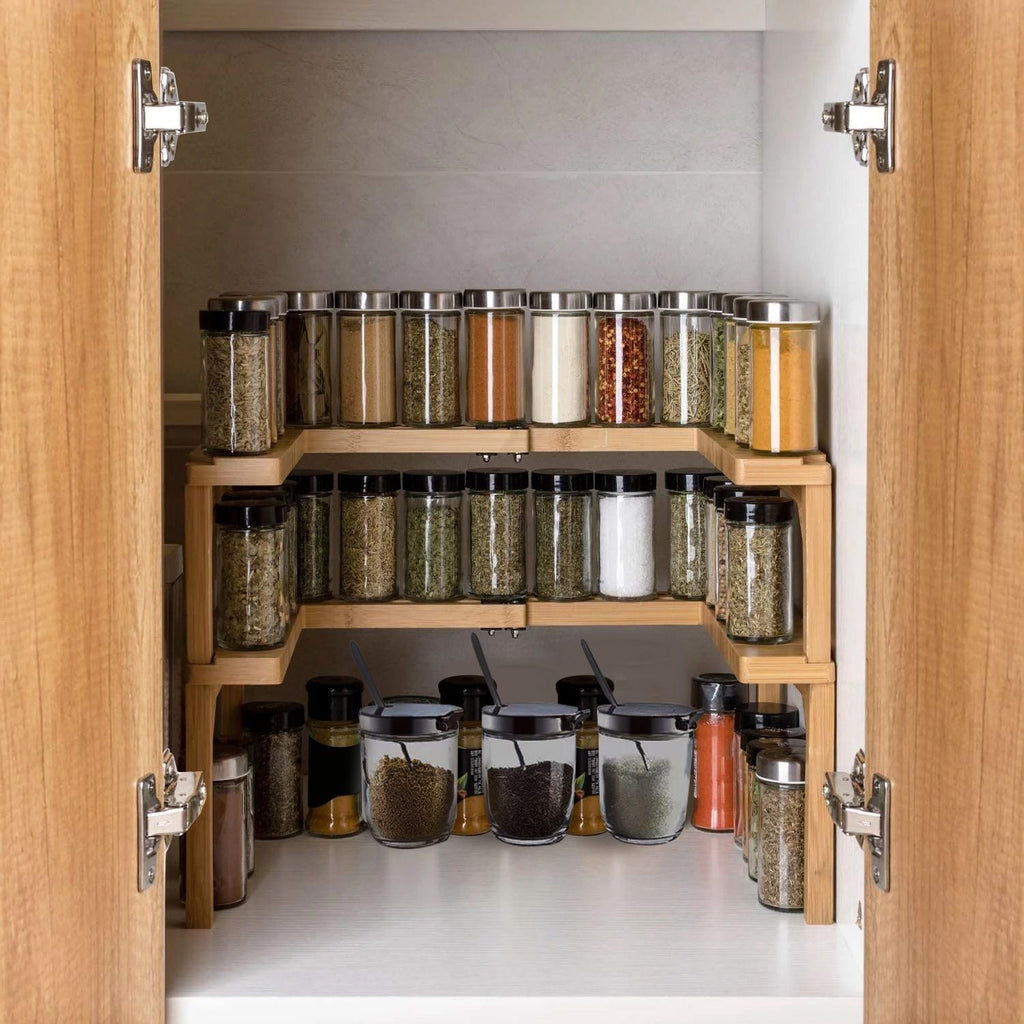 2-Tier Kitchen Spice Rack Expandable Bamboo Spice Organizer Cabinet Stackable Seasoning Organizer Extendable Spice Jar Rack for Countertops Pantries Cabinets GPCT4555