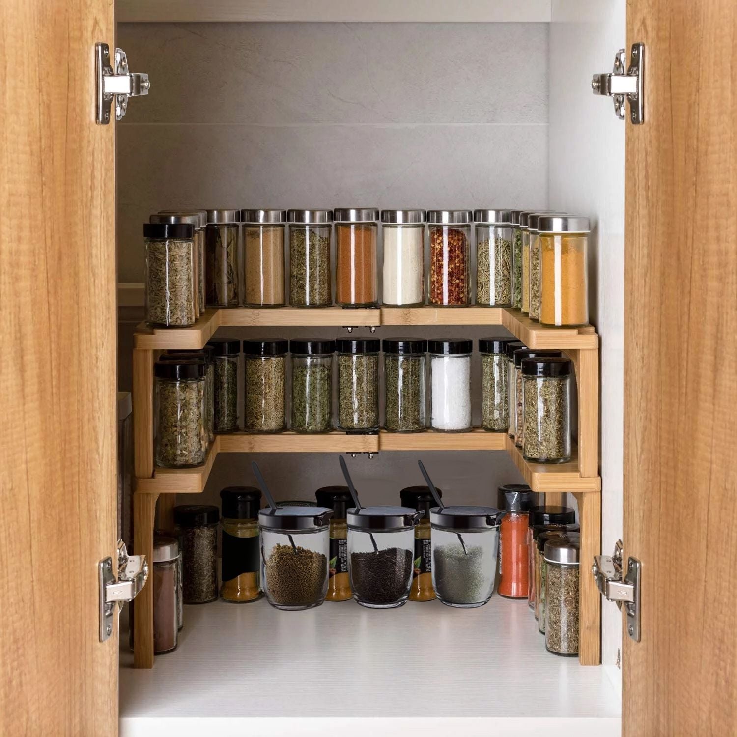 2-Tier Kitchen Spice Rack Expandable Bamboo Spice Organizer Cabinet Stackable Seasoning Organizer Extendable Spice Jar Rack for Countertops Pantries Cabinets GPCT4555