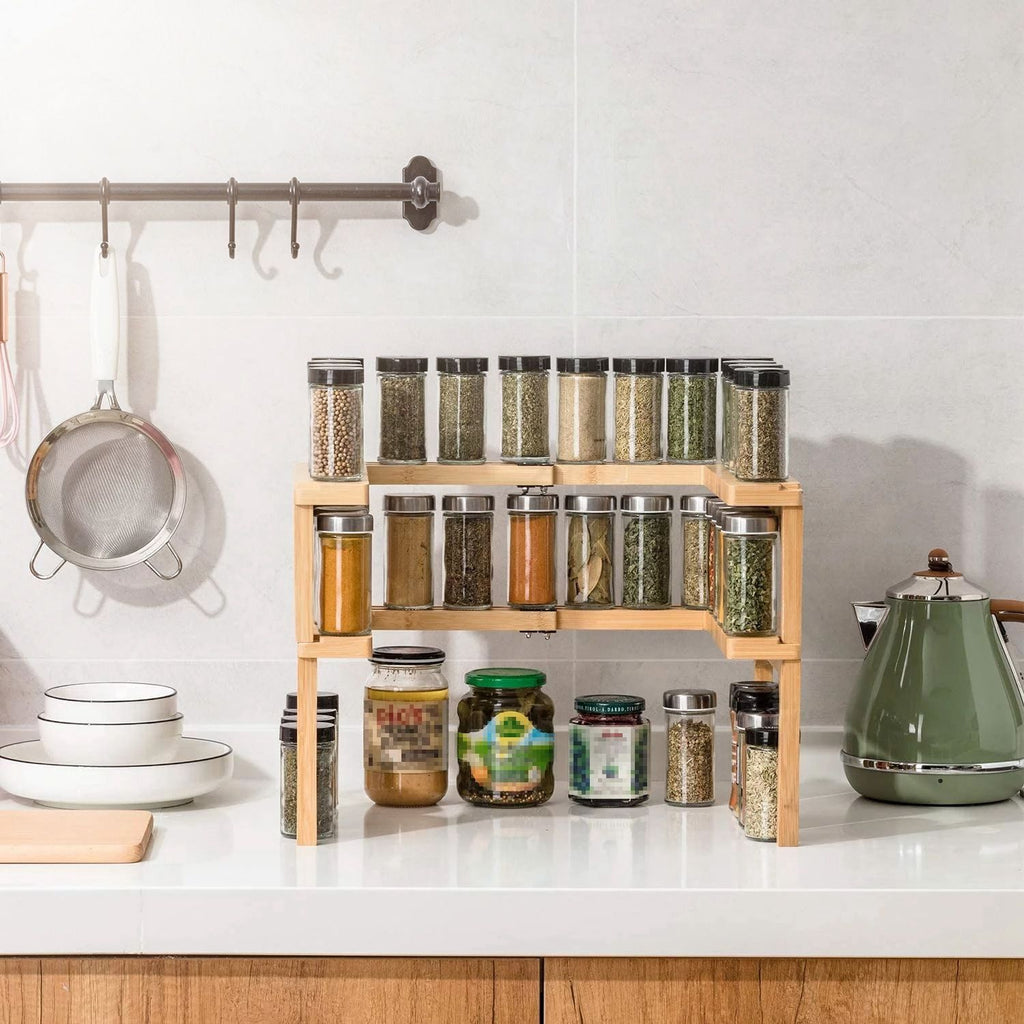 2-Tier Kitchen Spice Rack Expandable Bamboo Spice Organizer Cabinet Stackable Seasoning Organizer Extendable Spice Jar Rack for Countertops Pantries Cabinets GPCT4555