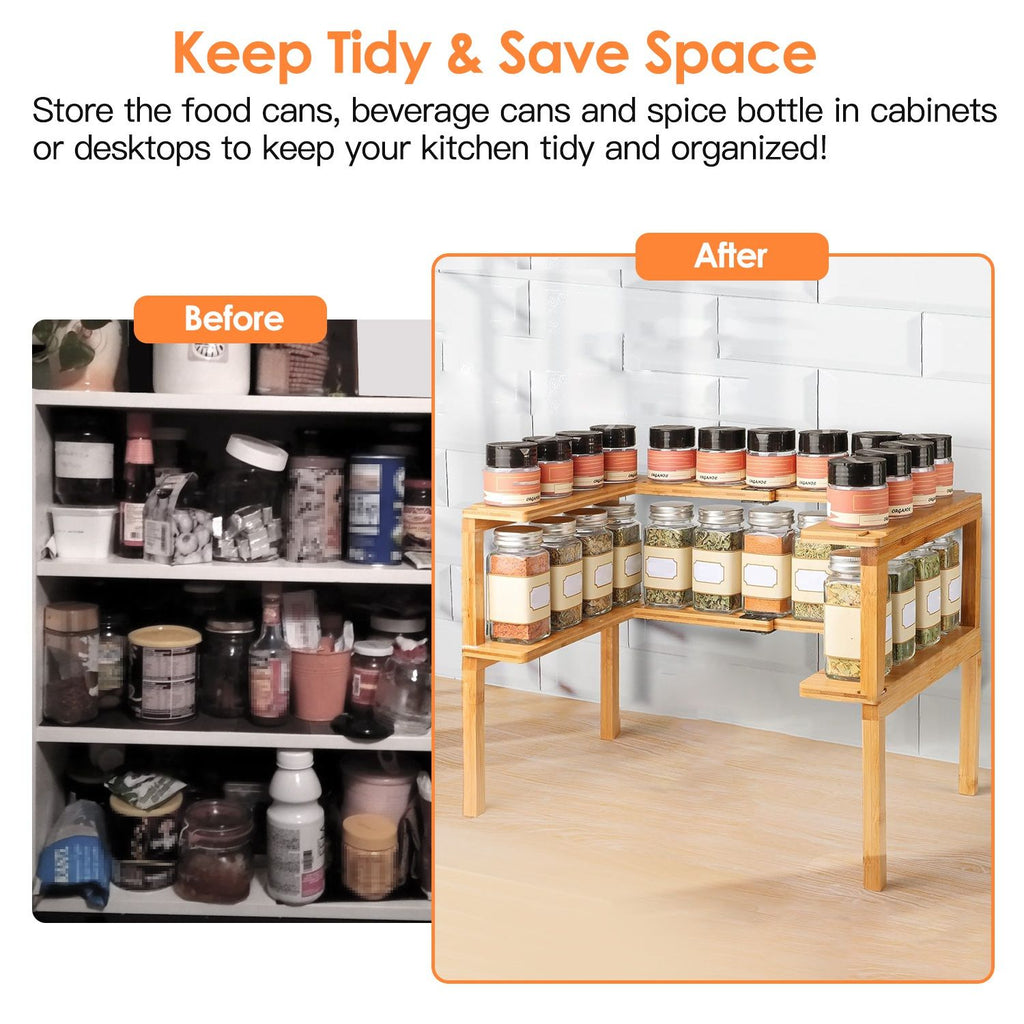 2-Tier Kitchen Spice Rack Expandable Bamboo Spice Organizer Cabinet Stackable Seasoning Organizer Extendable Spice Jar Rack for Countertops Pantries Cabinets GPCT4555