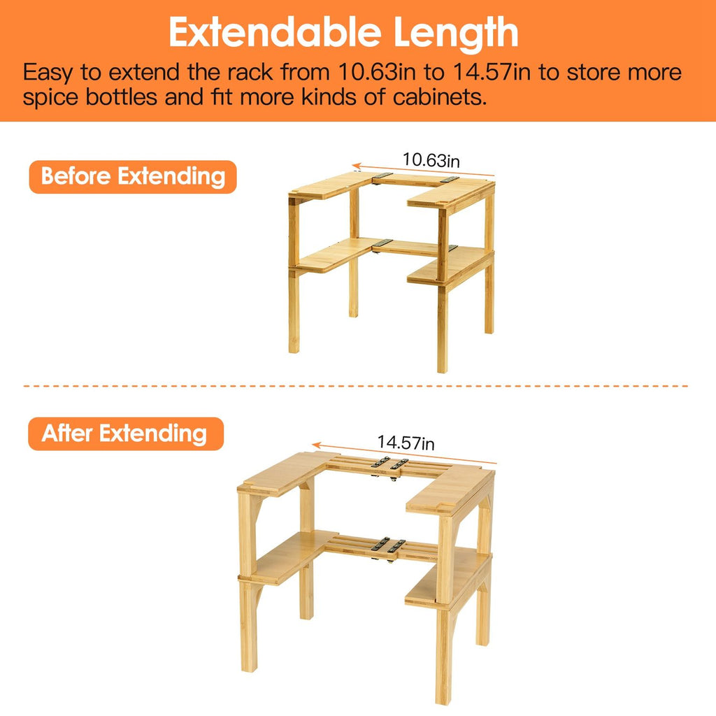 2-Tier Kitchen Spice Rack Expandable Bamboo Spice Organizer Cabinet Stackable Seasoning Organizer Extendable Spice Jar Rack for Countertops Pantries Cabinets GPCT4555