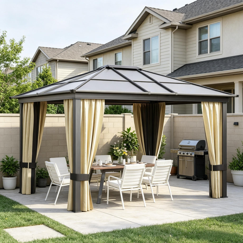 10' X 12' Hardtop Gazebo Canopy Outdoor Pavilion with Polycarbonate Roof Aluminum Frame Netting for Patio Garden Backyard Deck Lawn Black Beige