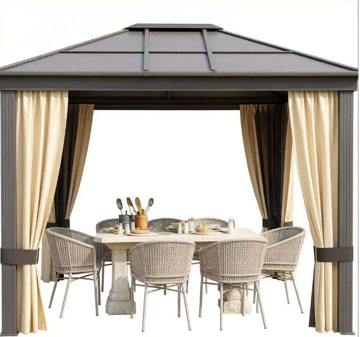 10' X 12' Hardtop Gazebo Canopy Outdoor Pavilion with Polycarbonate Roof Aluminum Frame Netting for Patio Garden Backyard Deck Lawn Black Beige