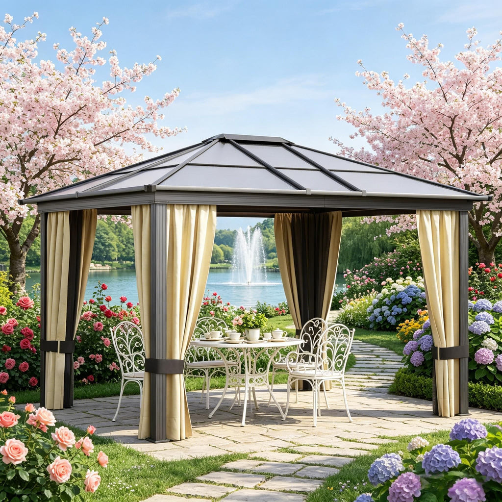 10' X 12' Hardtop Gazebo Canopy Outdoor Pavilion with Polycarbonate Roof Aluminum Frame Netting for Patio Garden Backyard Deck Lawn Black Beige