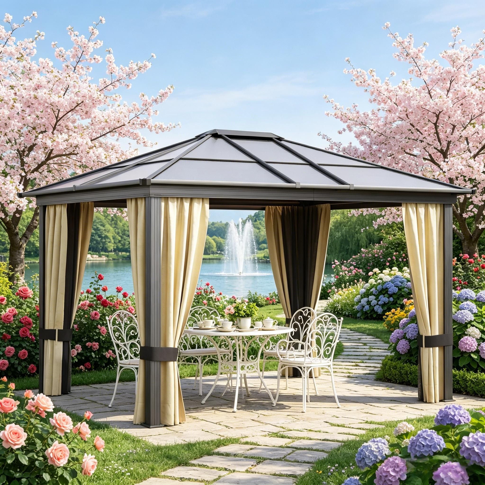 10' X 12' Hardtop Gazebo Canopy Outdoor Pavilion with Polycarbonate Roof Aluminum Frame Netting for Patio Garden Backyard Deck Lawn Black Beige