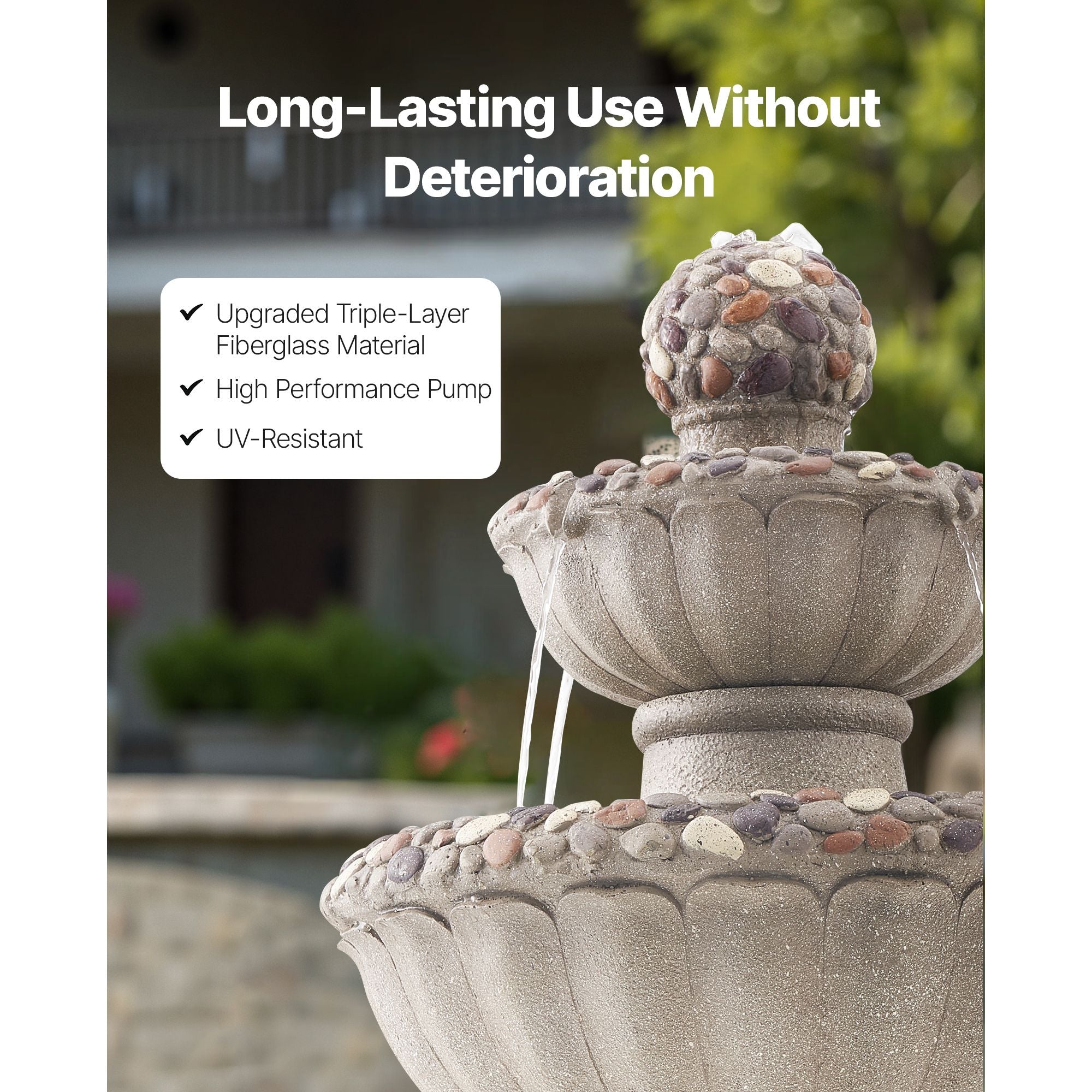 Outdoor Water Fountain, 36.5 in Height Fountain and Waterfall, 2-Tier Floor Standing Rock Base Style Fiberglass and Resin Fountains with Pump, for Outdoor Indoor Garden, Home, Patio & Backyard