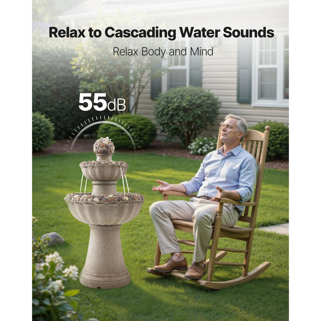 Outdoor Water Fountain, 36.5 in Height Fountain and Waterfall, 2-Tier Floor Standing Rock Base Style Fiberglass and Resin Fountains with Pump, for Outdoor Indoor Garden, Home, Patio & Backyard