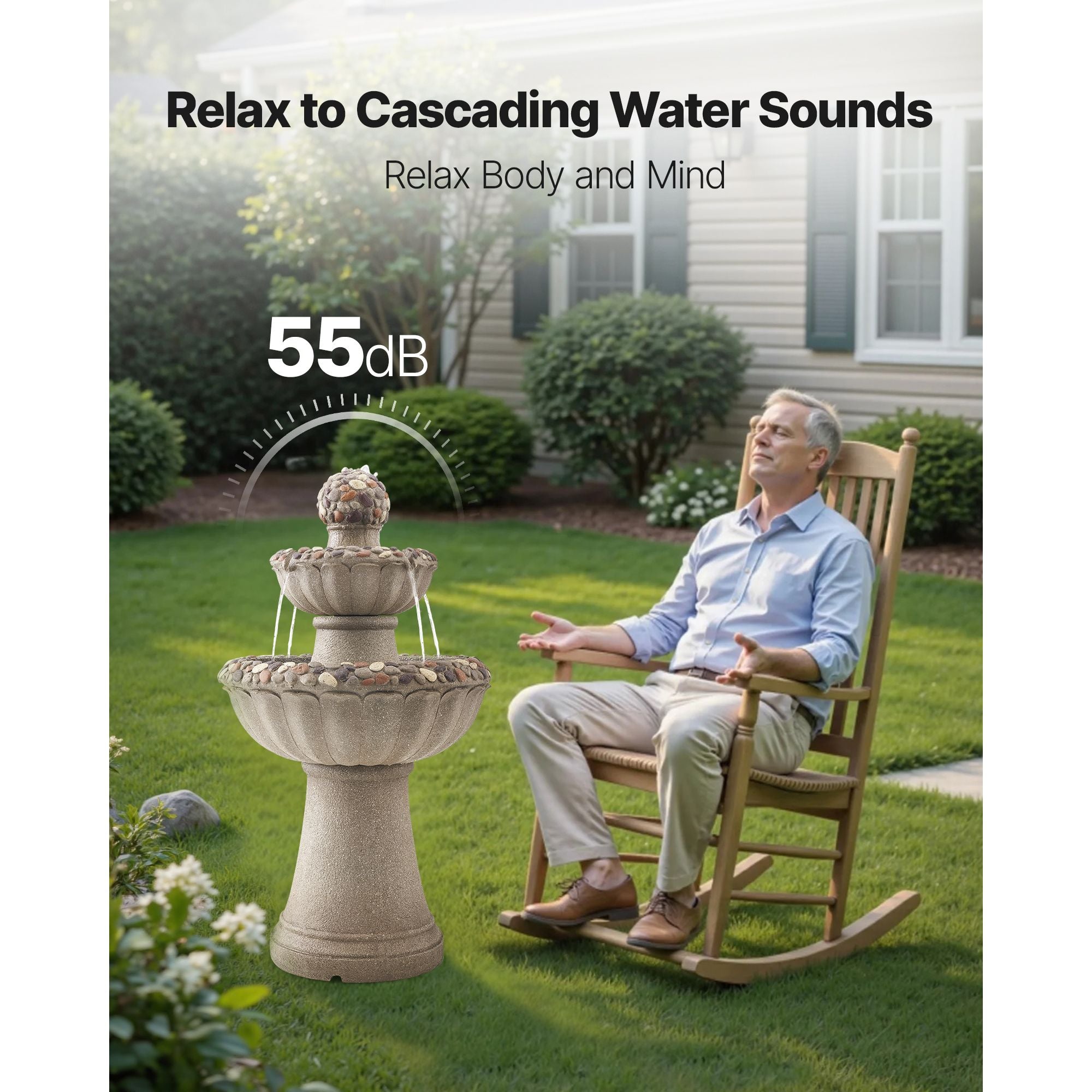 Outdoor Water Fountain, 36.5 in Height Fountain and Waterfall, 2-Tier Floor Standing Rock Base Style Fiberglass and Resin Fountains with Pump, for Outdoor Indoor Garden, Home, Patio & Backyard