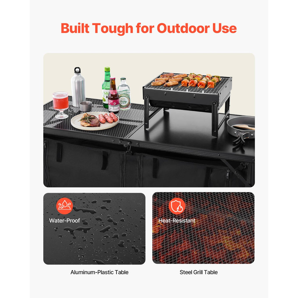 Camping Kitchen Table, Folding Outdoor Cooking Table, 3 Adjustable Heights, Aluminum Lightweight Portable Cook Station with Storage Organizer, Carry Handle, for BBQ Party Picnic RV Travel, Black
