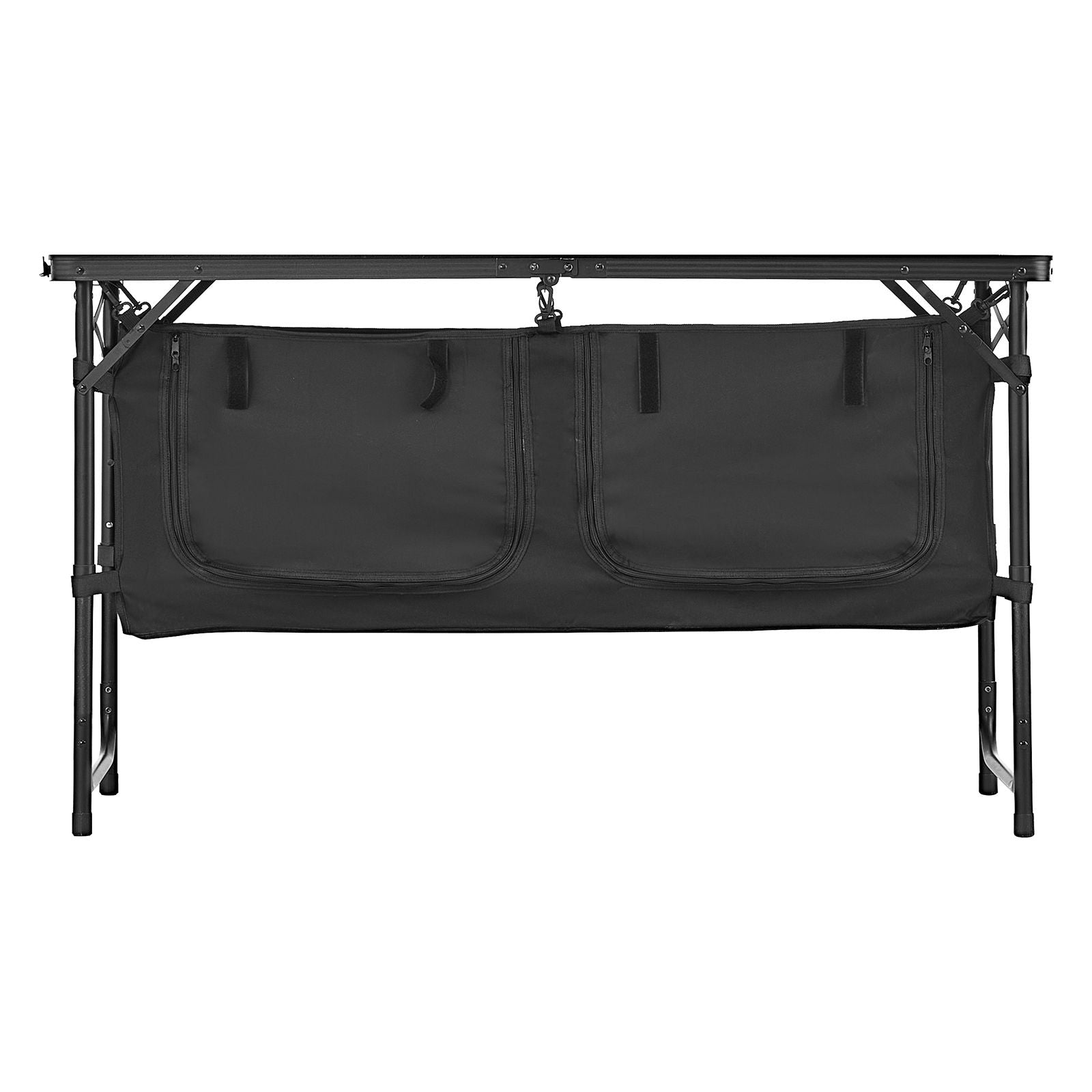 Camping Kitchen Table, Folding Outdoor Cooking Table, 3 Adjustable Heights, Aluminum Lightweight Portable Cook Station with Storage Organizer, Carry Handle, for BBQ Party Picnic RV Travel, Black