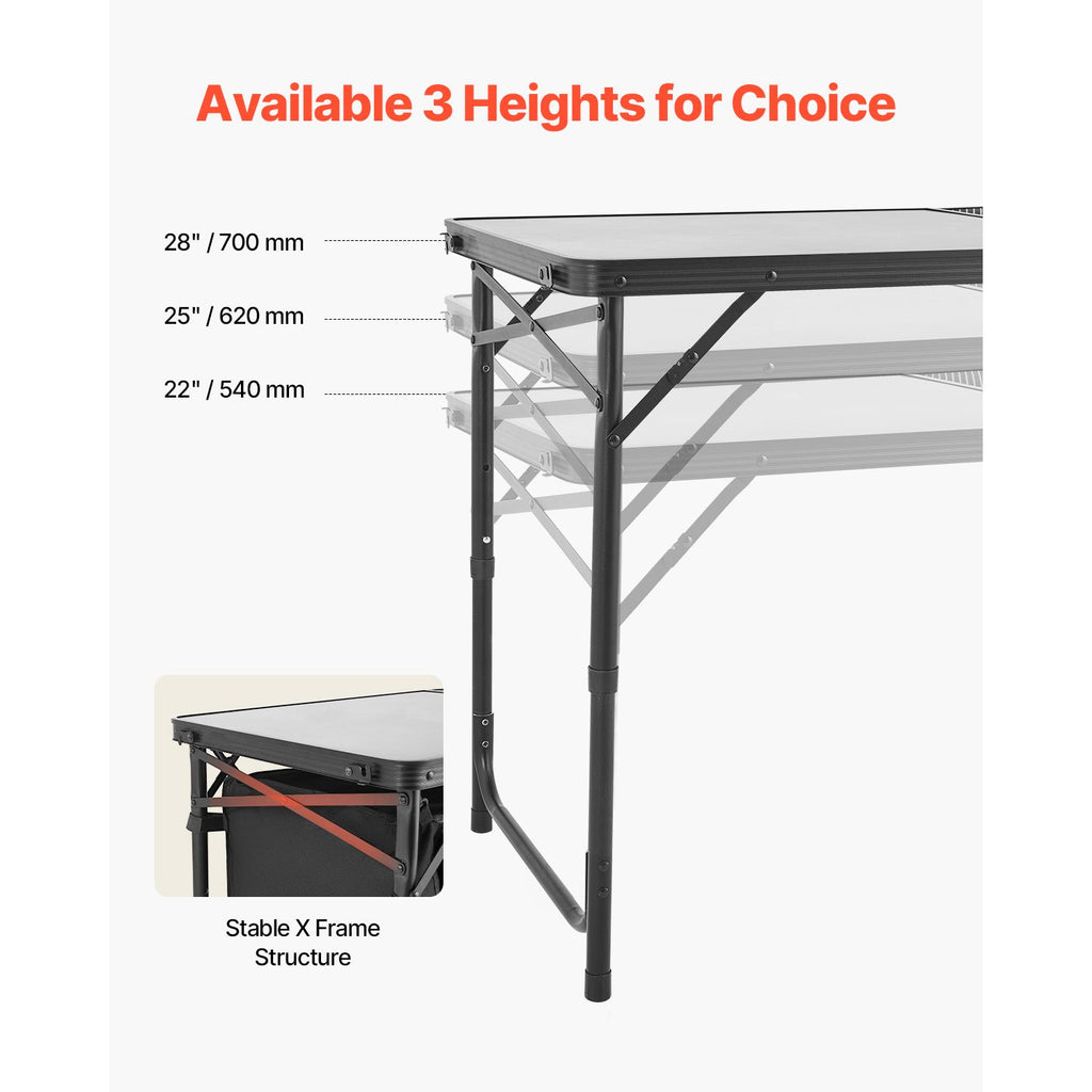 Camping Kitchen Table, Folding Outdoor Cooking Table, 3 Adjustable Heights, Aluminum Lightweight Portable Cook Station with Storage Organizer, Carry Handle, for BBQ Party Picnic RV Travel, Black