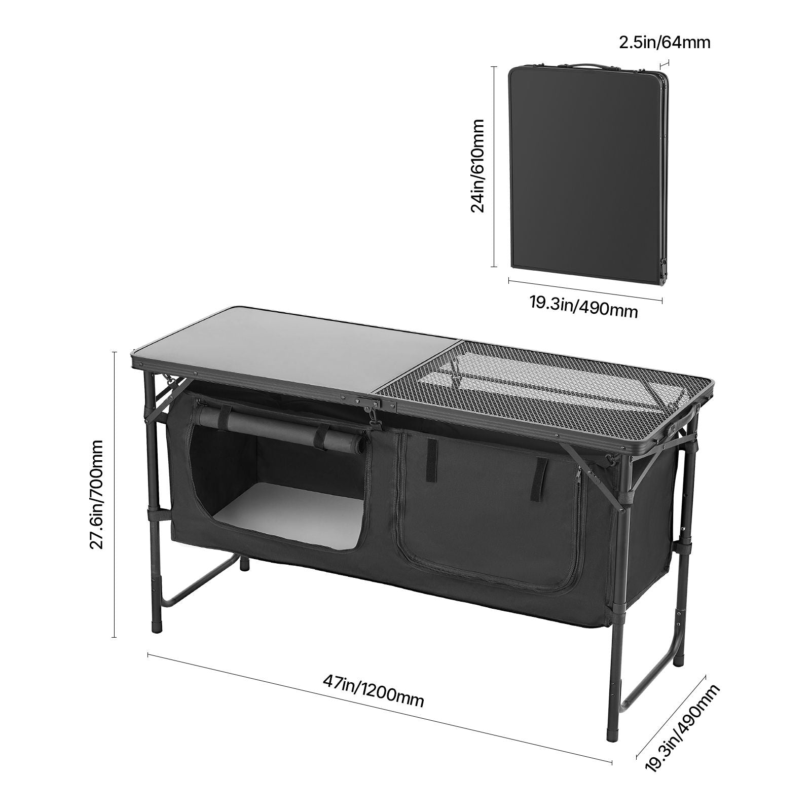 Camping Kitchen Table, Folding Outdoor Cooking Table, 3 Adjustable Heights, Aluminum Lightweight Portable Cook Station with Storage Organizer, Carry Handle, for BBQ Party Picnic RV Travel, Black