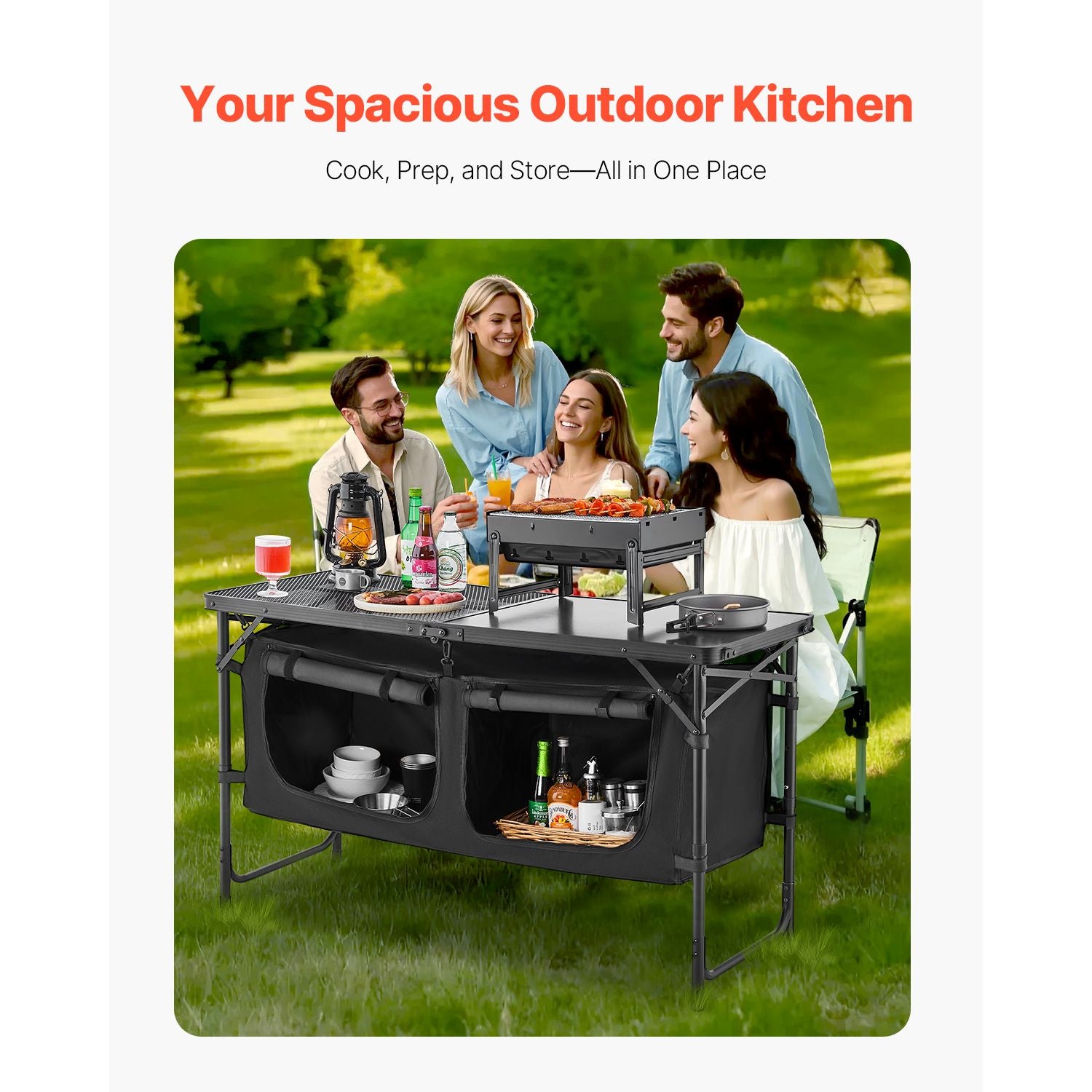 Camping Kitchen Table, Folding Outdoor Cooking Table, 3 Adjustable Heights, Aluminum Lightweight Portable Cook Station with Storage Organizer, Carry Handle, for BBQ Party Picnic RV Travel, Black