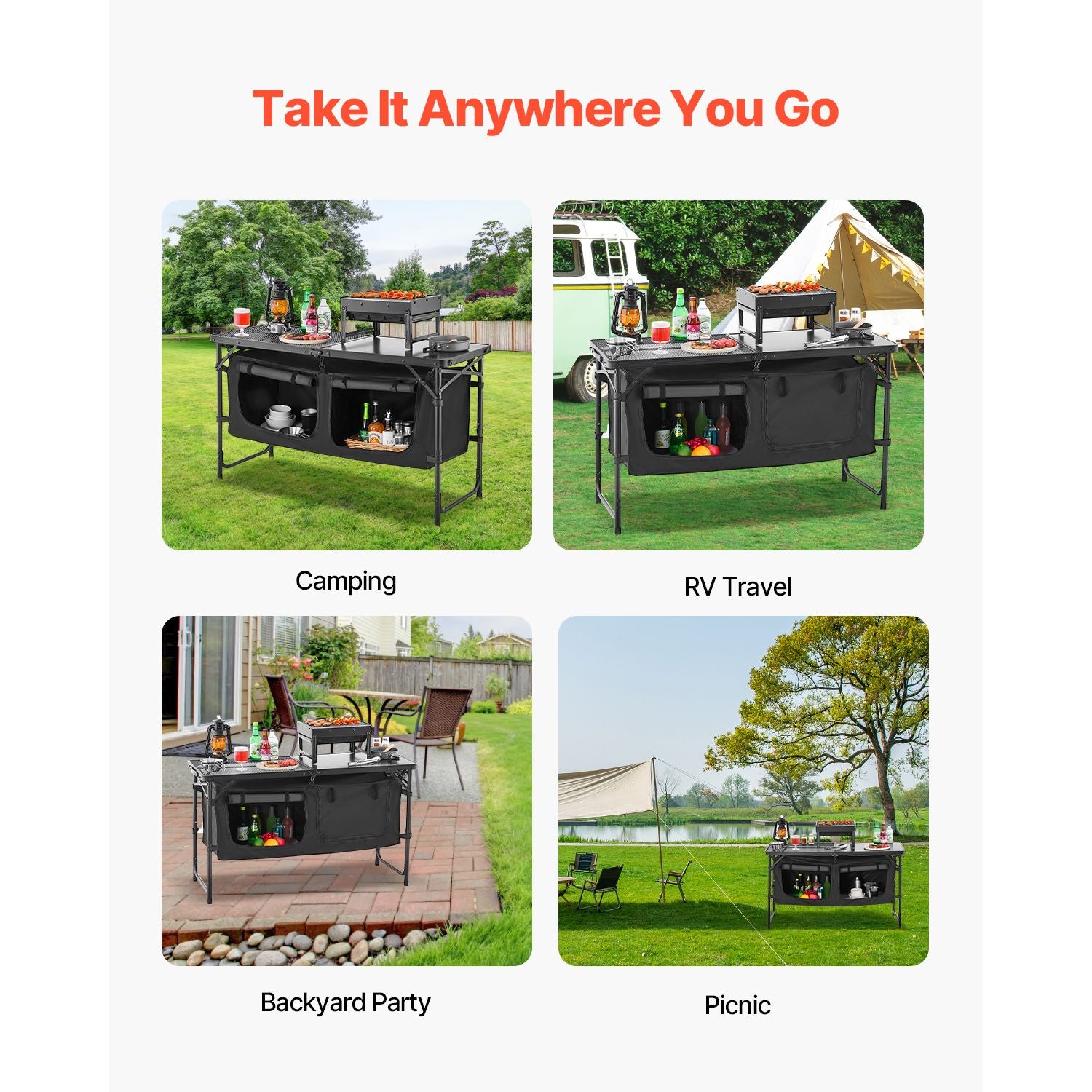 Camping Kitchen Table, Folding Outdoor Cooking Table, 3 Adjustable Heights, Aluminum Lightweight Portable Cook Station with Storage Organizer, Carry Handle, for BBQ Party Picnic RV Travel, Black