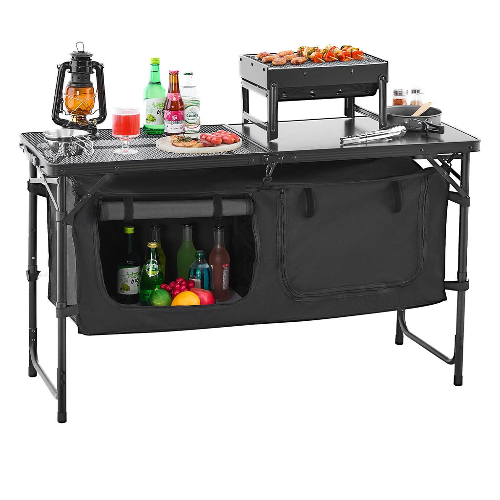 Camping Kitchen Table, Folding Outdoor Cooking Table, 3 Adjustable Heights, Aluminum Lightweight Portable Cook Station with Storage Organizer, Carry Handle, for BBQ Party Picnic RV Travel, Black
