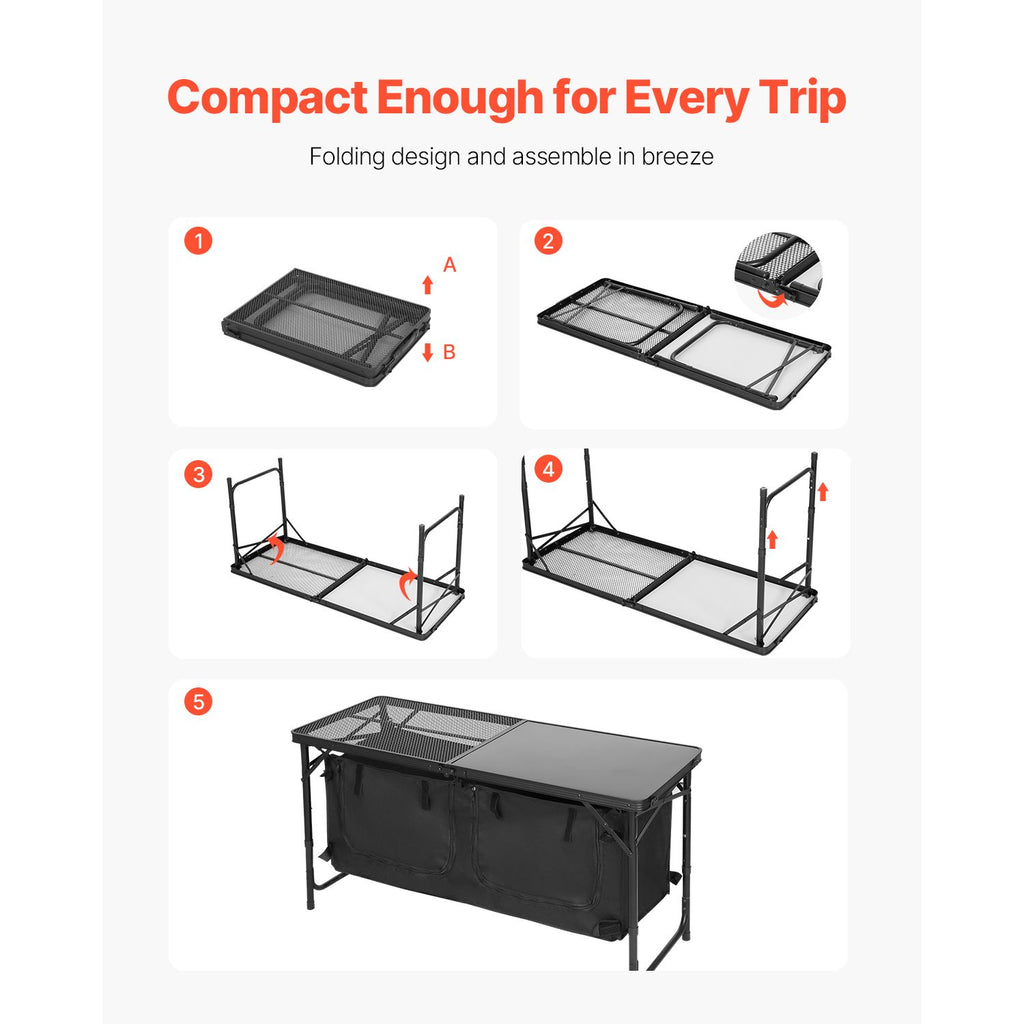 Camping Kitchen Table, Folding Outdoor Cooking Table, 3 Adjustable Heights, Aluminum Lightweight Portable Cook Station with Storage Organizer, Carry Handle, for BBQ Party Picnic RV Travel, Black