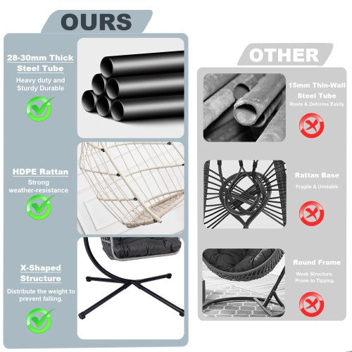 Indoor Outdoor Hanging Egg Chair with Stand Rattan Swing Chair Patio Wicker Hanging Basket Chair with Frame for Bedroom Living Room Balcony