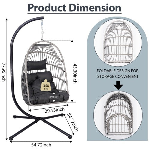 Indoor Outdoor Hanging Egg Chair with Stand Rattan Swing Chair Patio Wicker Hanging Basket Chair with Frame for Bedroom Living Room Balcony