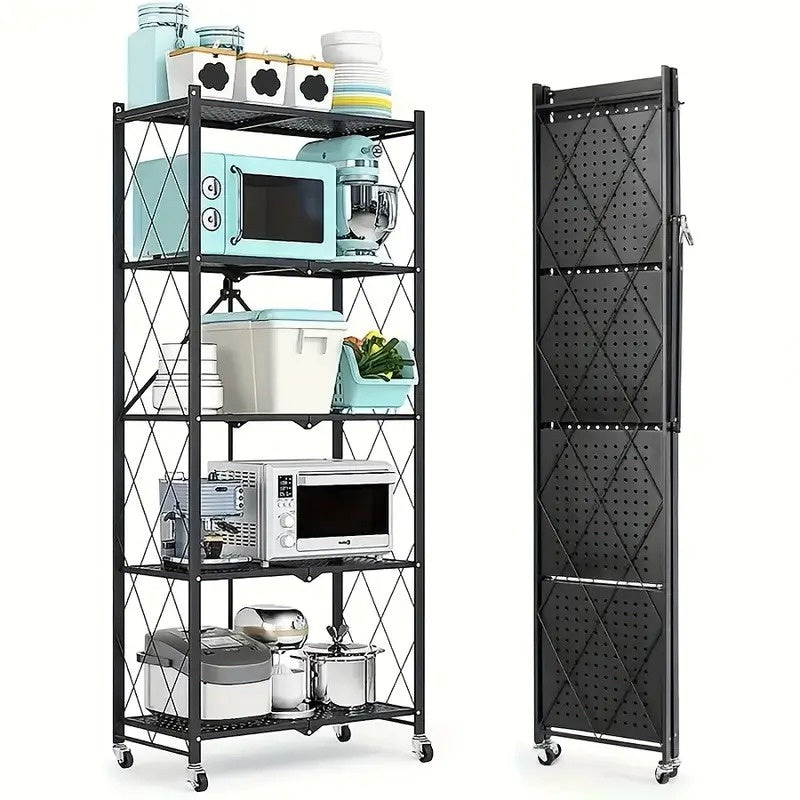 5-Tier Foldable Storage Rack with Wheels Multi-Purpose Metal Organizer for Kitchen Garage Laundry Room No Assembly Required Mobile Storage Shelf