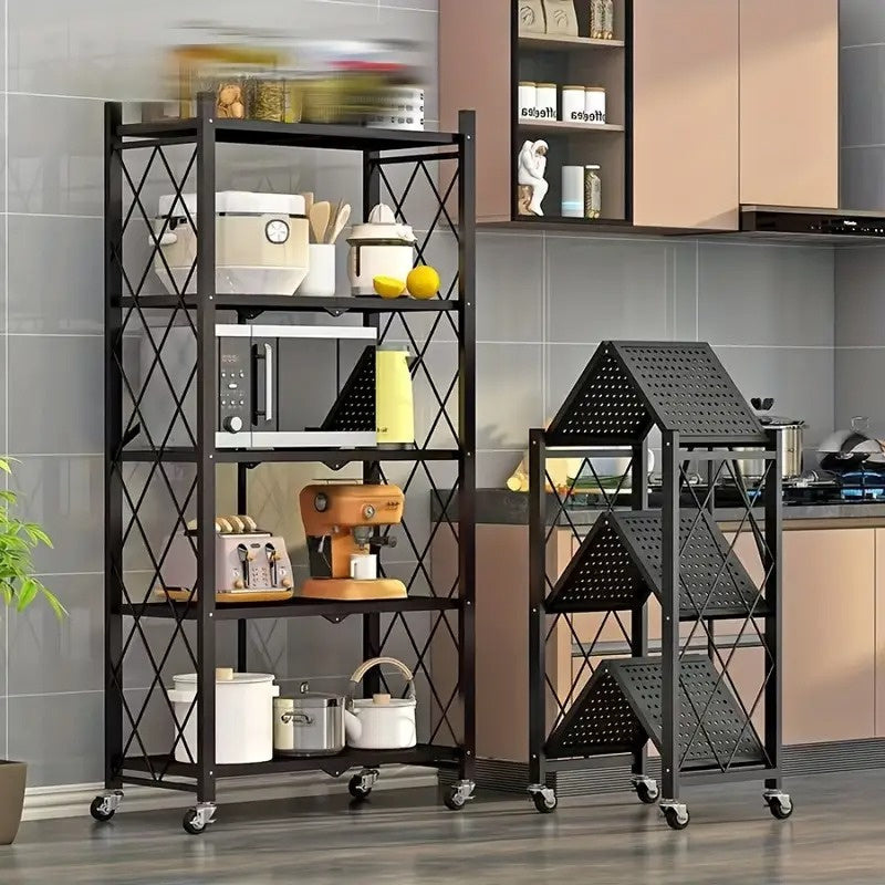 5-Tier Foldable Storage Rack with Wheels Multi-Purpose Metal Organizer for Kitchen Garage Laundry Room No Assembly Required Mobile Storage Shelf