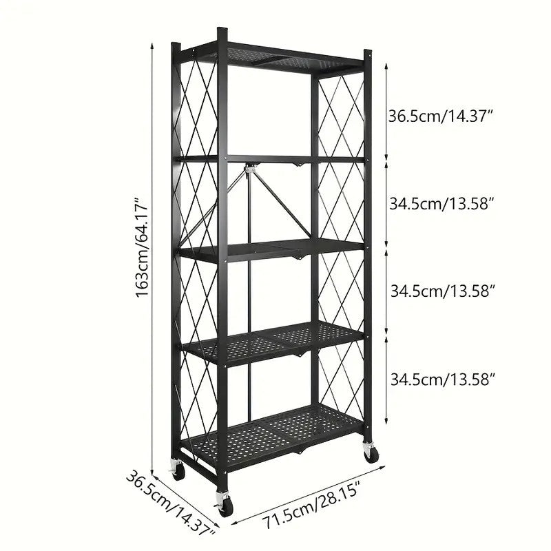 5-Tier Foldable Storage Rack with Wheels Multi-Purpose Metal Organizer for Kitchen Garage Laundry Room No Assembly Required Mobile Storage Shelf