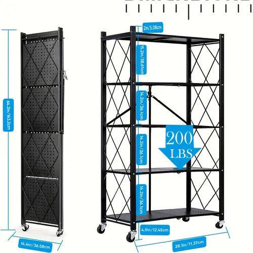 5-Tier Foldable Storage Rack with Wheels Multi-Purpose Metal Organizer for Kitchen Garage Laundry Room No Assembly Required Mobile Storage Shelf