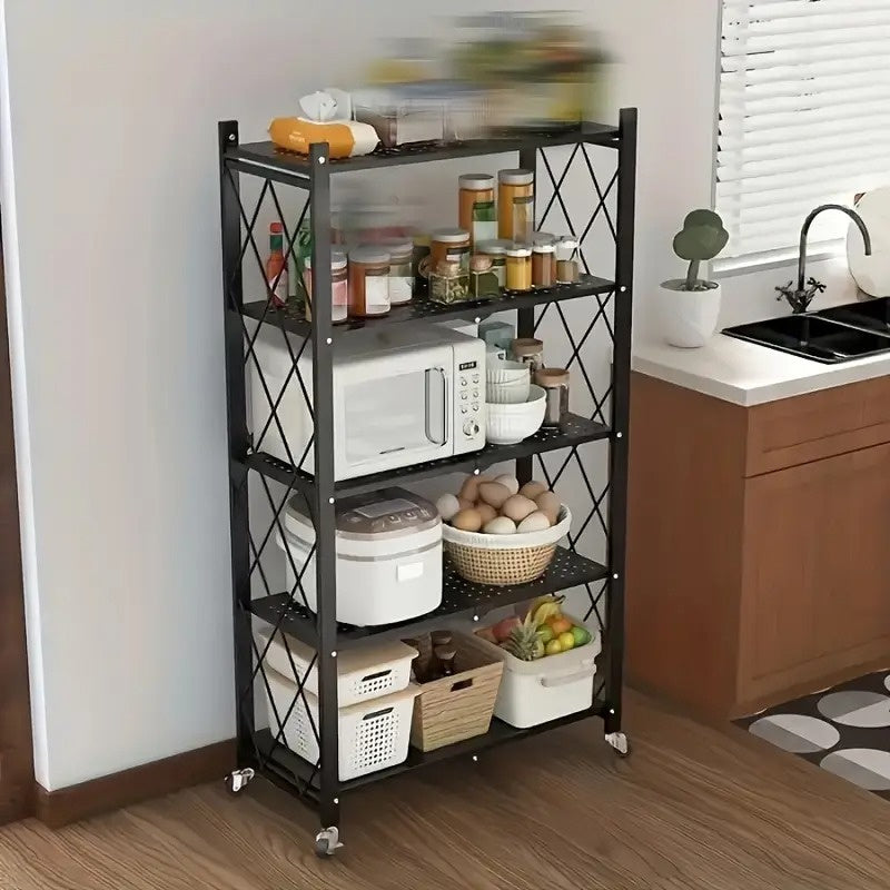 5-Tier Foldable Storage Rack with Wheels Multi-Purpose Metal Organizer for Kitchen Garage Laundry Room No Assembly Required Mobile Storage Shelf