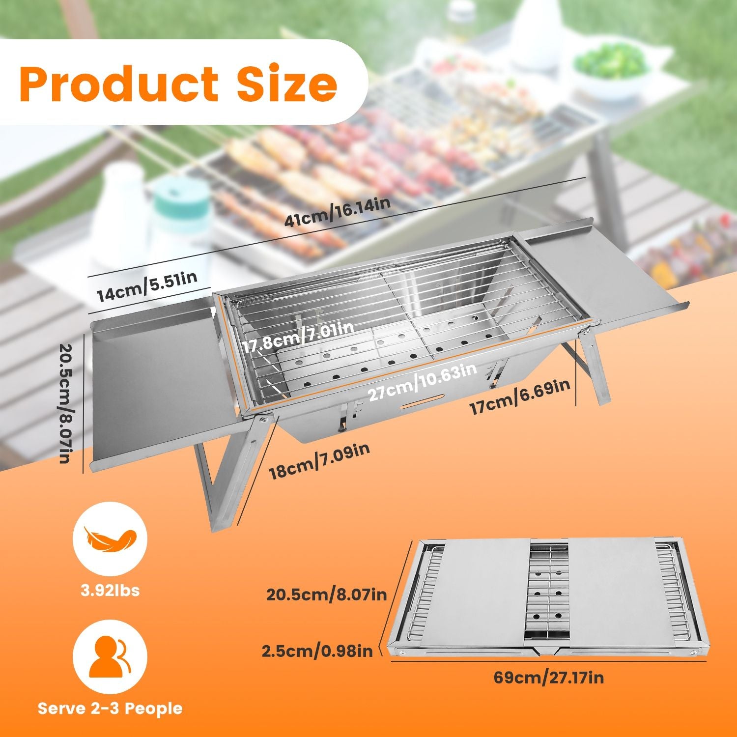3 In 1 Foldable Charcoal Grill Fire Pit Slow Cooker 2-3 People Portable Camping Grill Stainless Steel BBQ Grill for Camping Tailgating Yard GPCT5452