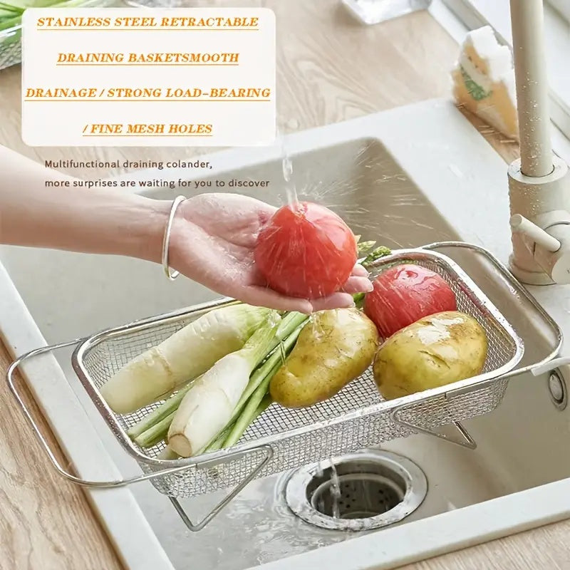 "Space-Saving Kitchen Sink Organizer - Collapsible 304 Stainless Steel Drain Rack for Dishes & Utensils"