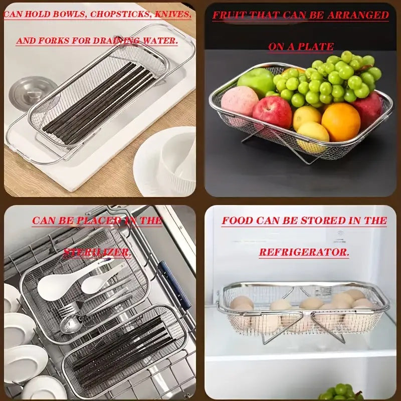 "Space-Saving Kitchen Sink Organizer - Collapsible 304 Stainless Steel Drain Rack for Dishes & Utensils"