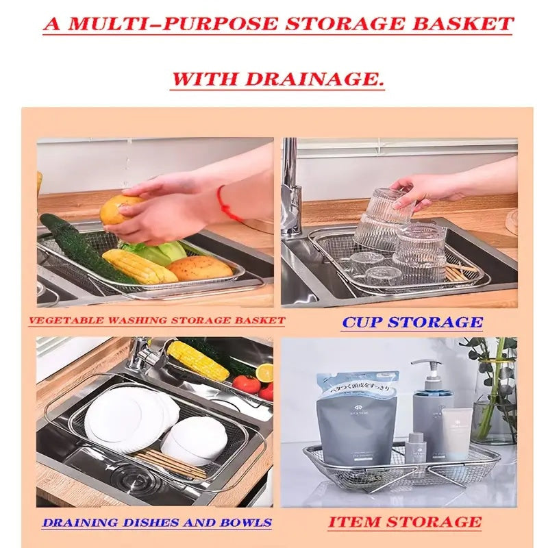 "Space-Saving Kitchen Sink Organizer - Collapsible 304 Stainless Steel Drain Rack for Dishes & Utensils"