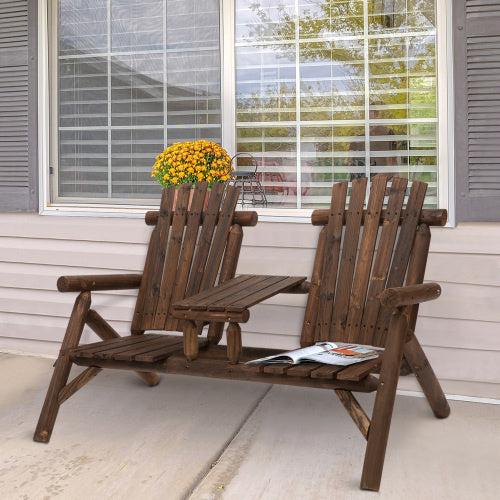 2-Seat Wooden Adirondack Chair, Patio Bench with Table, Outdoor Loveseat Fire Pit Chair for Porch, Backyard, Deck, Carbonized