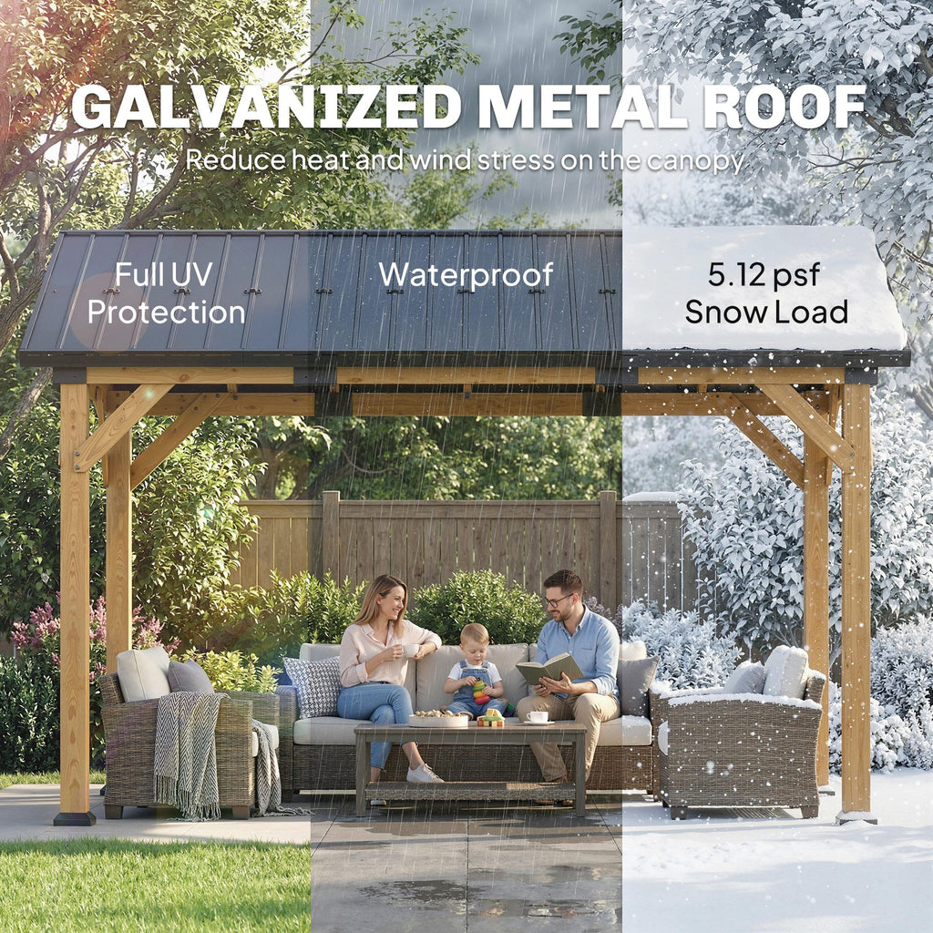 13' x 11' Hardtop Gazebo Canopy with Galvanised Metal Roof, Fir Wood Frame and Central Hook for Patio, Black Gray