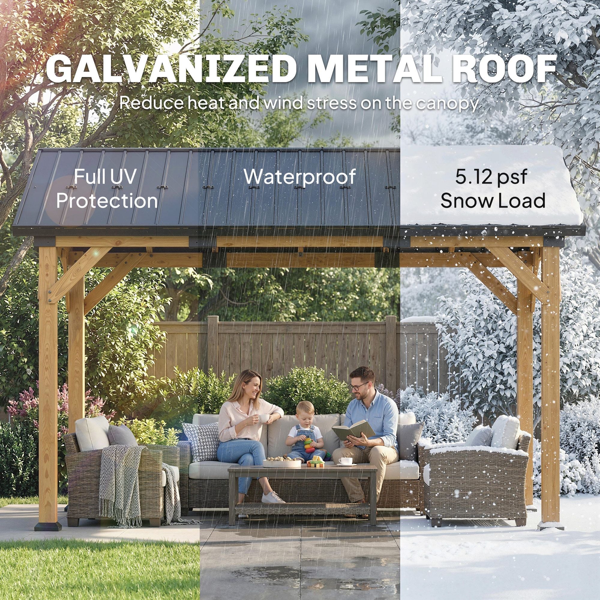 13' x 11' Hardtop Gazebo Canopy with Galvanised Metal Roof, Fir Wood Frame and Central Hook for Patio, Black Gray