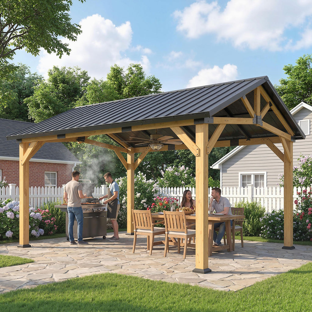 13' x 11' Hardtop Gazebo Canopy with Galvanised Metal Roof, Fir Wood Frame and Central Hook for Patio, Black Gray