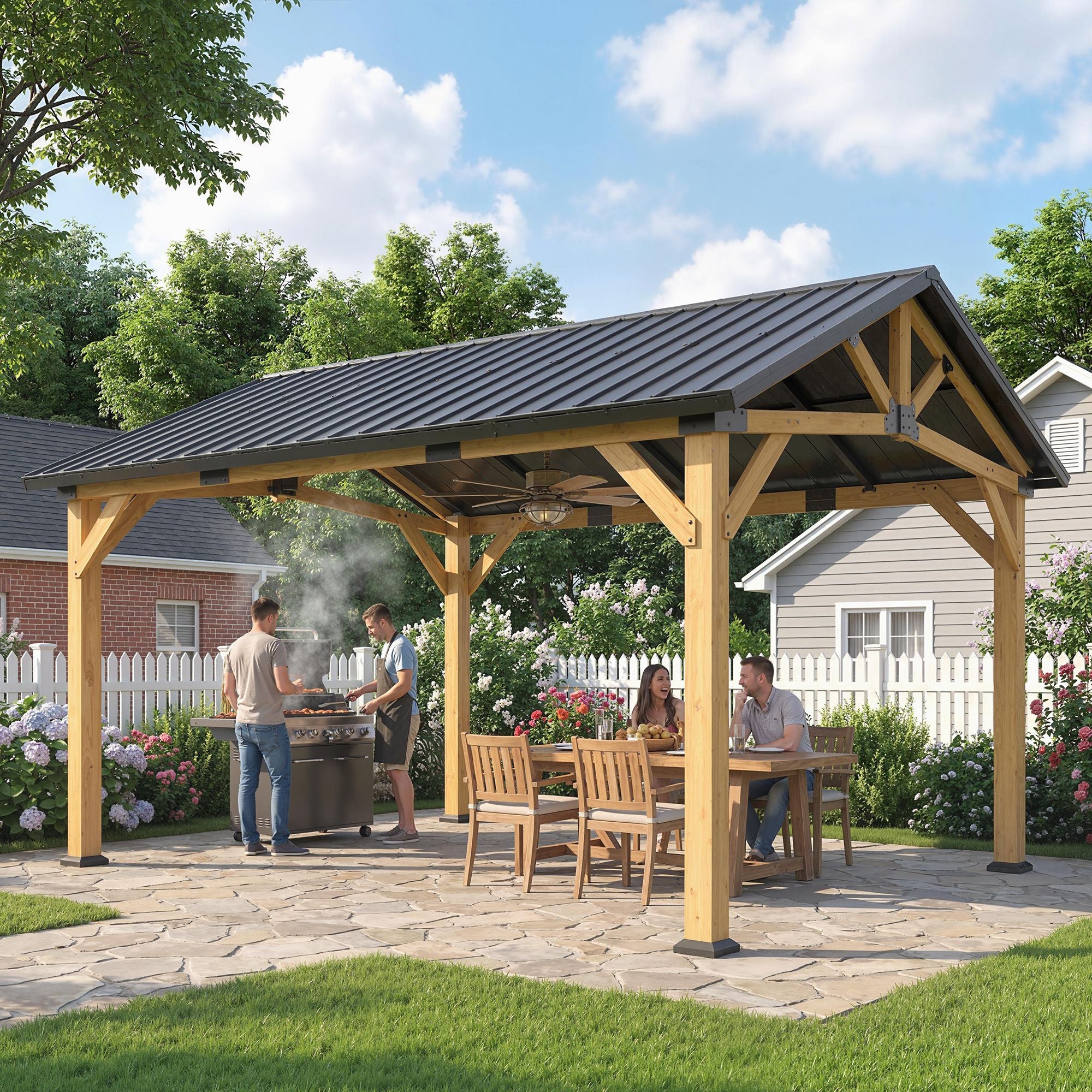 13' x 11' Hardtop Gazebo Canopy with Galvanised Metal Roof, Fir Wood Frame and Central Hook for Patio, Black Gray