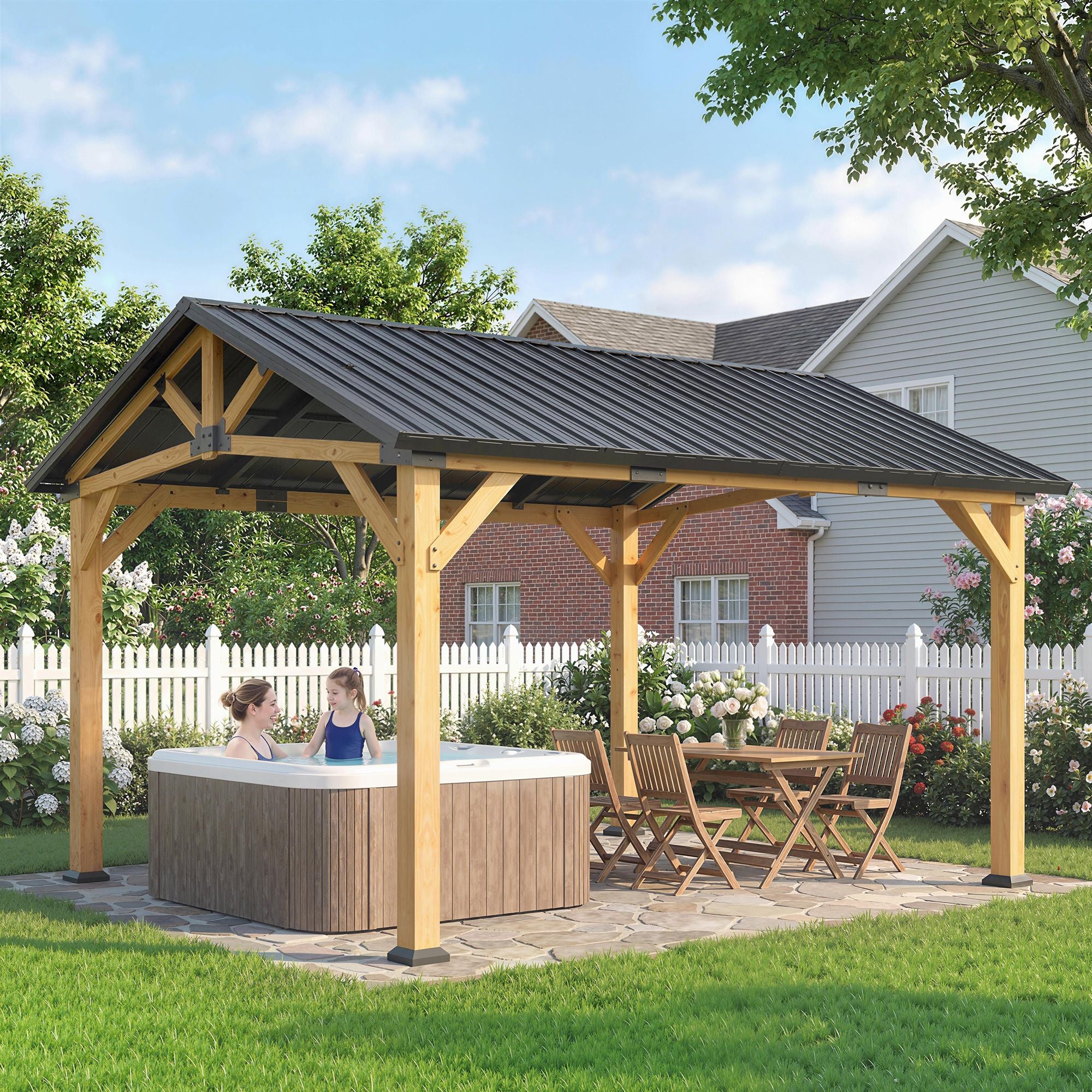 13' x 11' Hardtop Gazebo Canopy with Galvanised Metal Roof, Fir Wood Frame and Central Hook for Patio, Black Gray