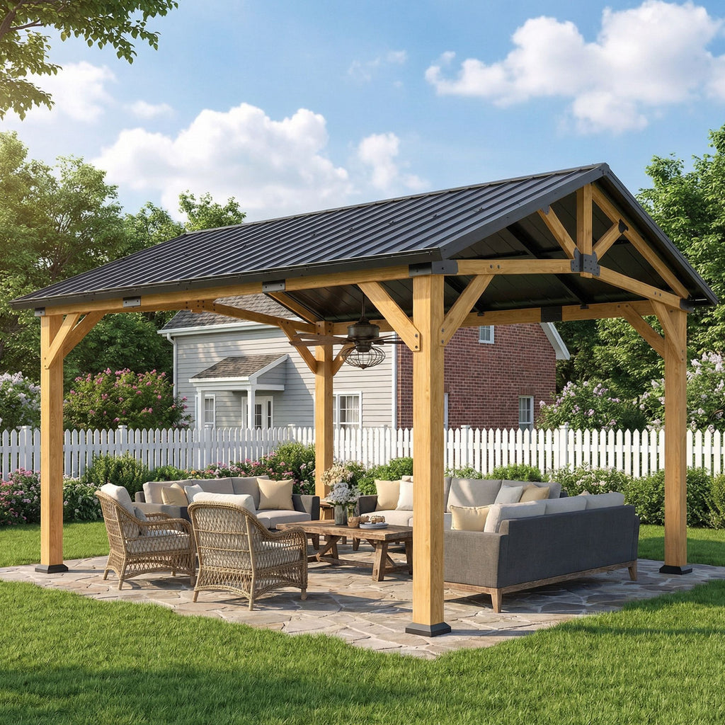 13' x 11' Hardtop Gazebo Canopy with Galvanised Metal Roof, Fir Wood Frame and Central Hook for Patio, Black Gray