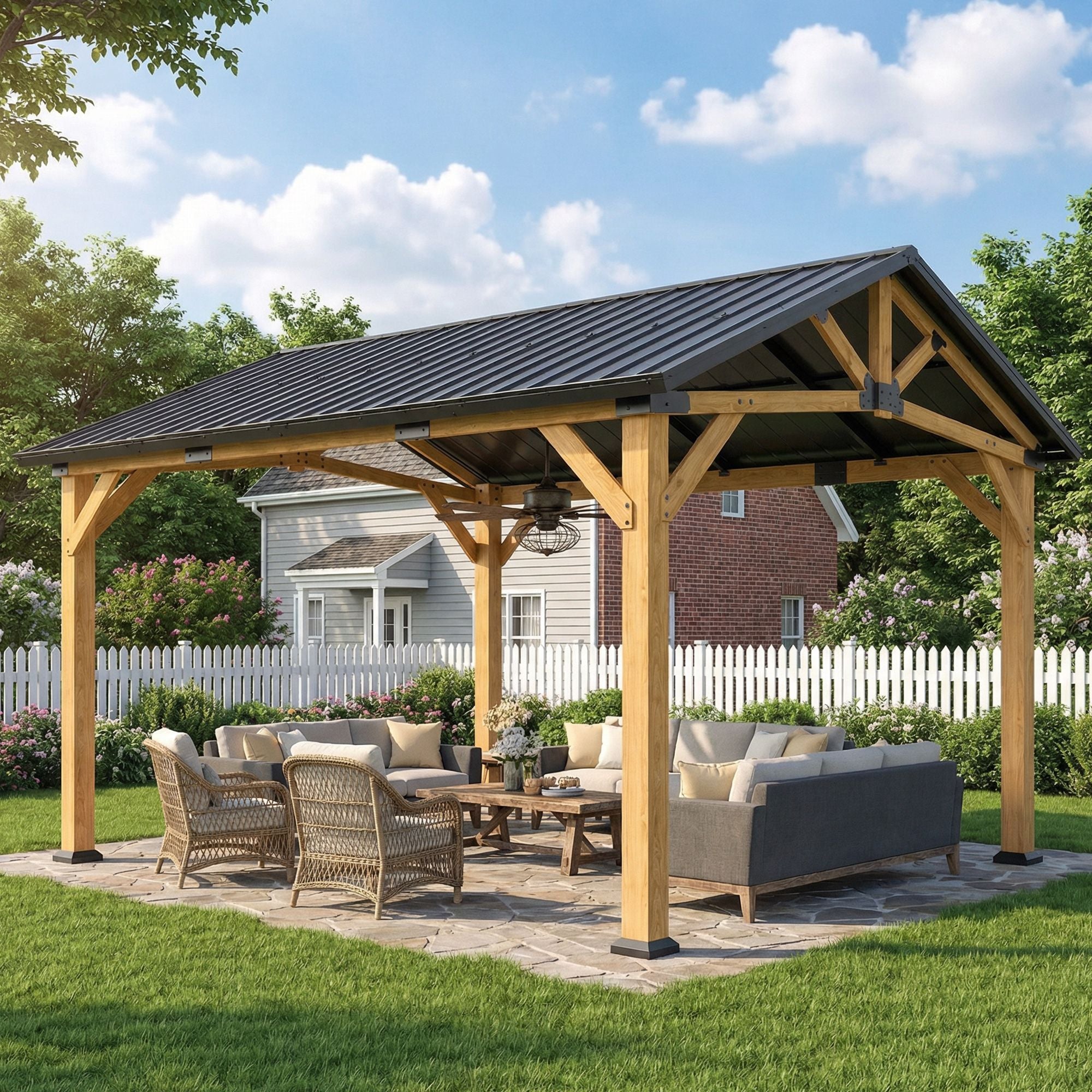 13' x 11' Hardtop Gazebo Canopy with Galvanised Metal Roof, Fir Wood Frame and Central Hook for Patio, Black Gray