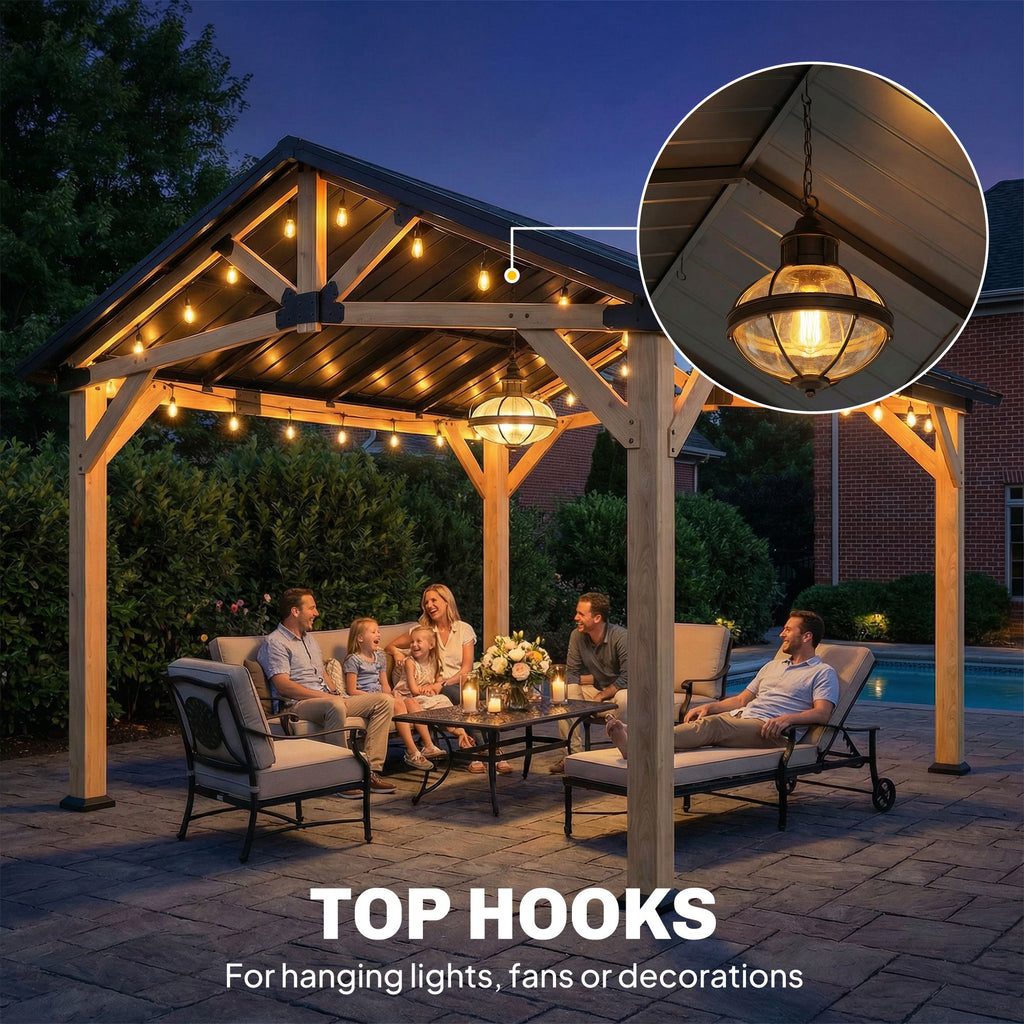 13' x 11' Hardtop Gazebo Canopy with Galvanised Metal Roof, Fir Wood Frame and Central Hook for Patio, Black Gray