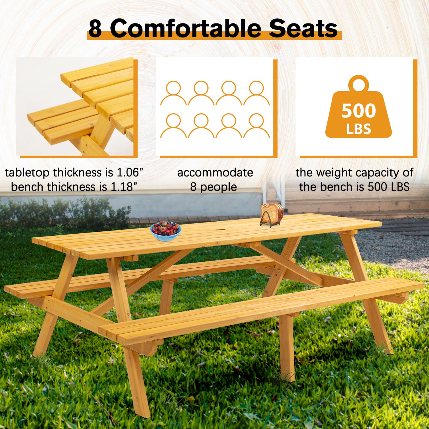 8 Person Brown Wooden Picnic Table, Outdoor Camping Dining Table with 2 Seats, Garden, DIY with 2 Built-in Benches, 2220lb Capacity