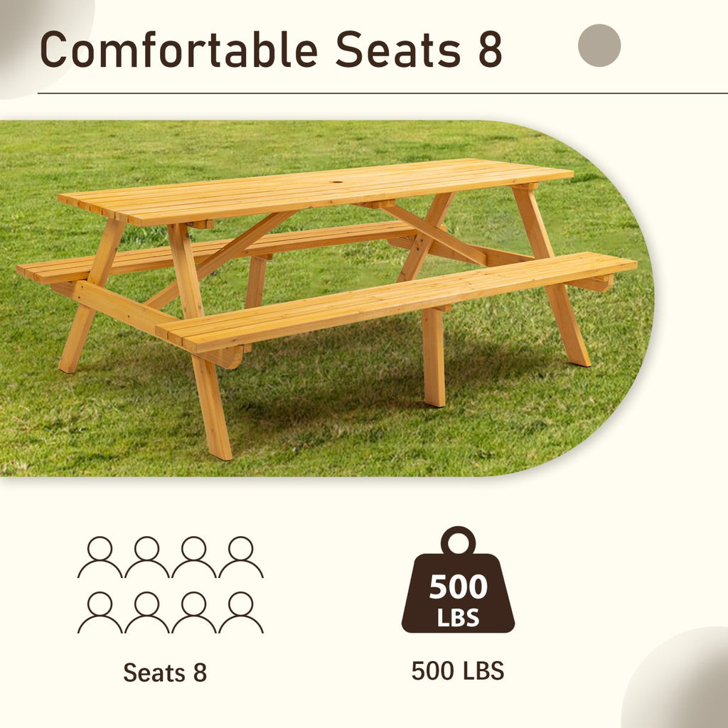 8 Person Brown Wooden Picnic Table, Outdoor Camping Dining Table with 2 Seats, Garden, DIY with 2 Built-in Benches, 2220lb Capacity