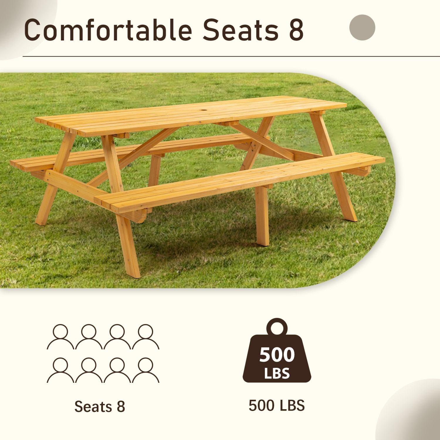 8 Person Brown Wooden Picnic Table, Outdoor Camping Dining Table with 2 Seats, Garden, DIY with 2 Built-in Benches, 2220lb Capacity