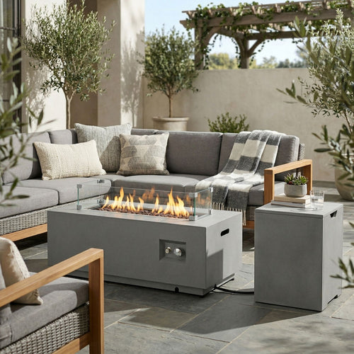 (Old SKU: W853P193937) 42" Propane Gas Fire Pit Table 2-Pieces, 50000 BTU Rectangular Steel Fire Pit with Glass Wind Guard for Outside Patio Deck Garden Courtyard -Gray